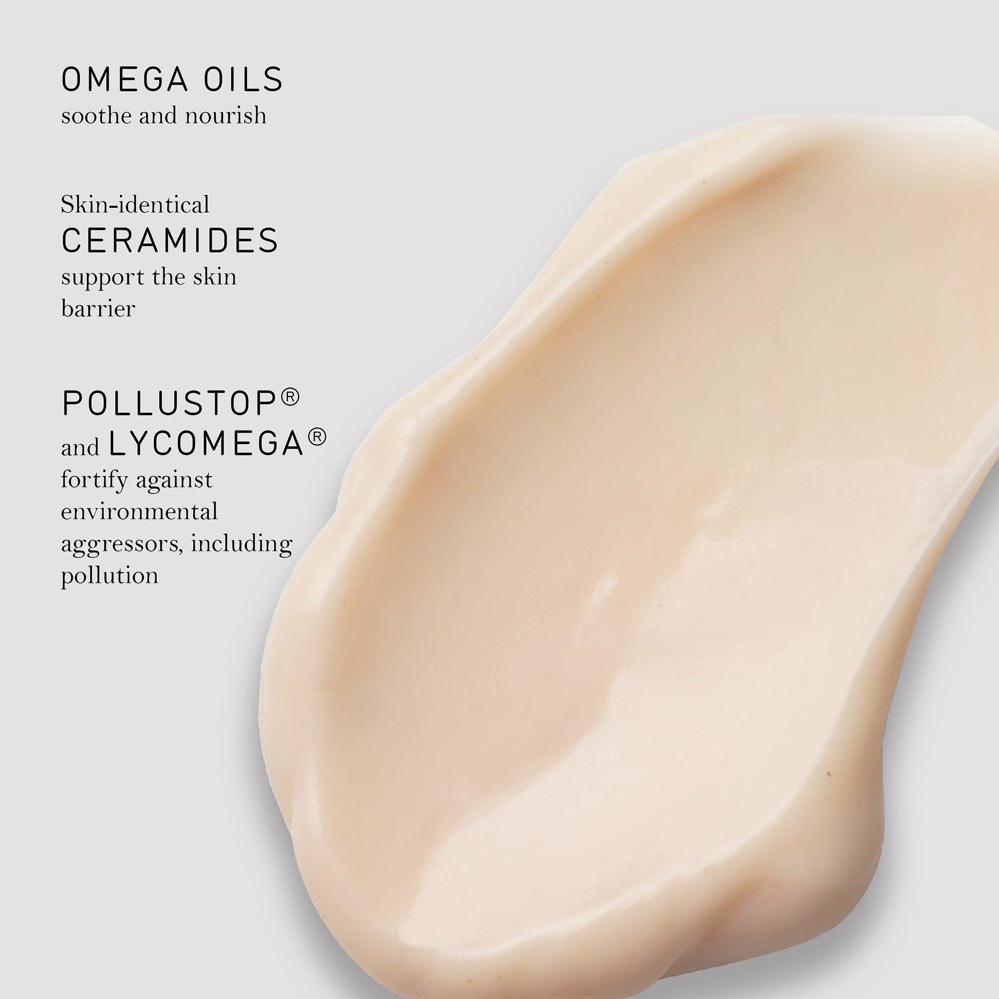 Sarah Chapman Skinesis Comfort Cream D-Stress Key ingredients with product swatch including Omega oils and ceramides